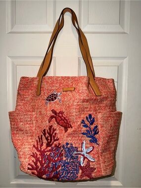 Vera Bradley Beach Tote Bag with Coral & Turtle Embroidery